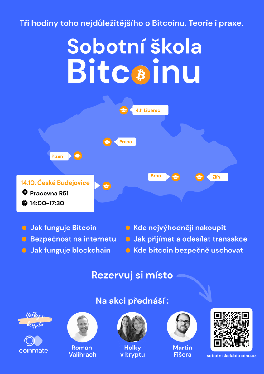 CoinmateBT's tweet photo. V Českých Budějovicích by chtěl přednášet každý. Náš CEO
@RValihrach se tam vypraví už za měsíc. S čím?

Sobotní školou Bitcoinu. 📖

Zjistili jsme, že lidé mimo naši bublinu toho ví o kryptoměnách velmi málo. A to chceme změnit. 💪

Ideální pro všechny začátečníky a zvědavce! https://t.co/q1ZaxAYBSV