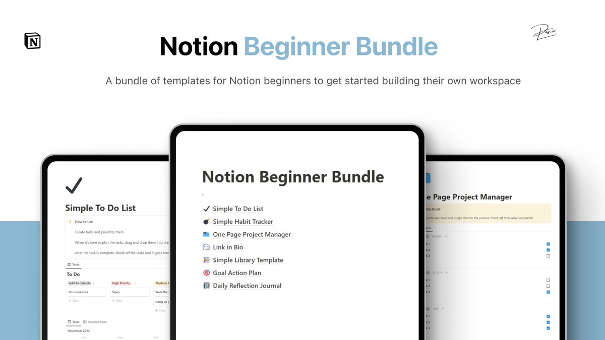 IAmPascio's tweet image. Notion has 40M+ users.

But 97% still don’t know how to use it.

So I built the Notion Beginner Bundle.

A pack of 7x starter templates for Notion.

Normally $50, but next 24 hrs, it’s FREE!

To get it:

1. Follow me (so I can DM you)
2. Retweet this tweet
3. Like &amp;amp; Reply "SEND"
