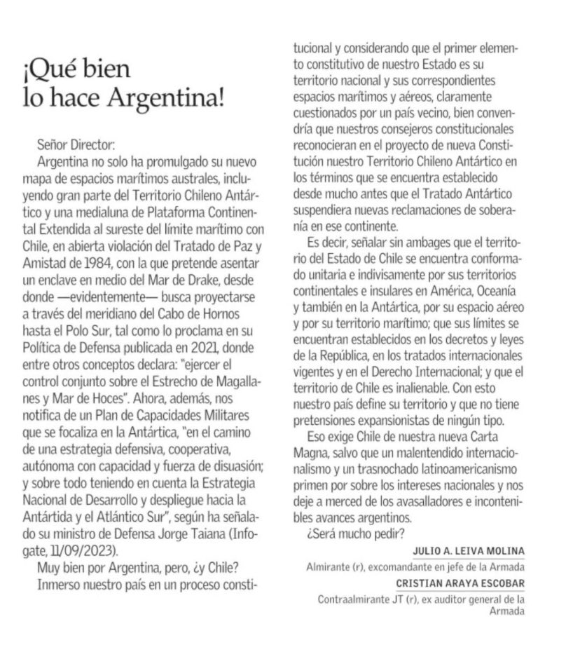 robertoampuero's tweet photo. RECOMIENDO: Carta pública de Almirante (r) y Contralmirante JT (r) de Chile comparando la política antártica de Argentina con la de Chile 🇨🇱🇦🇷 | EL MERCURIO https://t.co/679LLg39iM