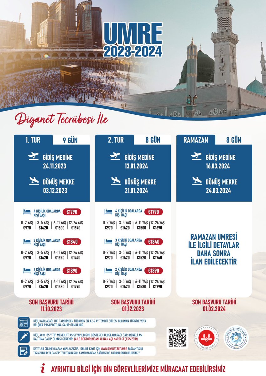 2023 -2024 Umre Turları İçin Kayıtlar Başladı.

2023-2024 Umre turları ile ilgili kayıtlar diyanet.be/umre bağlantısından online olarak yapılacaktır.
