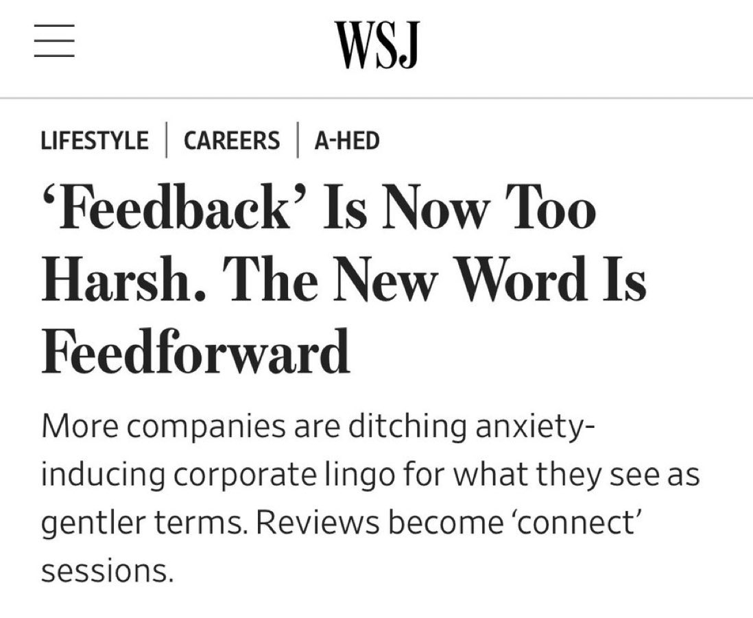 DataChaz's tweet photo. Welcome to the new world where `Feedforward` replaces `Feedback`, and `Reviews` are called `Connect Sessions`.

While we're at it, I propose:

- Office Space → Workplace Wonderland
- Performance Appraisal → Skill Safari
- Employee Training → Knowledge Jacuzzi https://t.co/qXVOv64Jmo