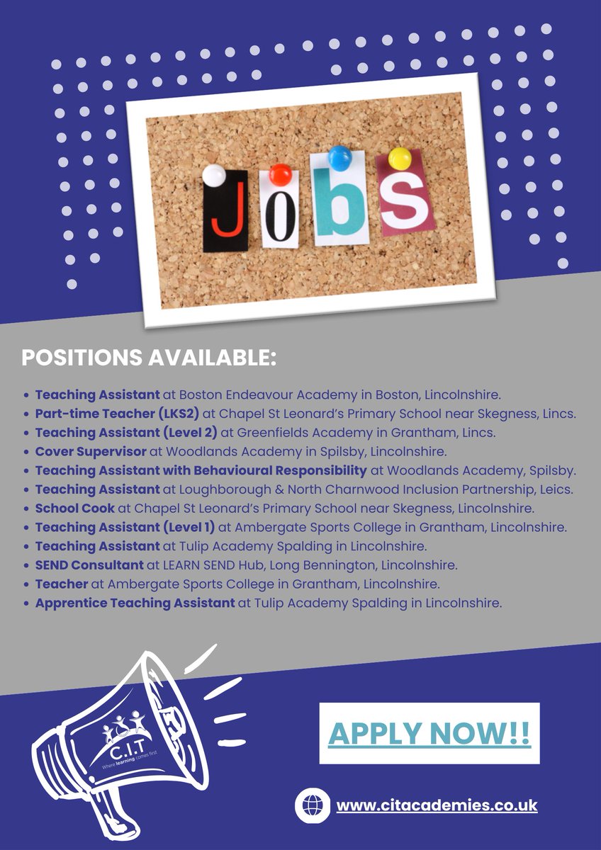 Take a look at our latest job vacancies: citacademies.co.uk/current-vacanc…

⭐️ Teaching Assistant #TA 
⭐️ Teacher #TeacherTwitter 
⭐️ Cover Supervisor
⭐️ School Cook 
⭐️ SEND Consultant #SENDtwitter 

#lincolnshire #leicestershire #edutwitter #ukedchat