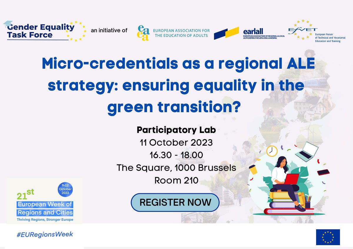 earlallEU's tweet photo. What happens when the green transition intersects with questions of #genderequality? What role do micro-credentials have at the regional level? 
👉 Join us during the #EURegionsWeek on October 11 in Brussels and let's discuss!
👉https://t.co/pZKQusF6RT https://t.co/xUB6DKRSov