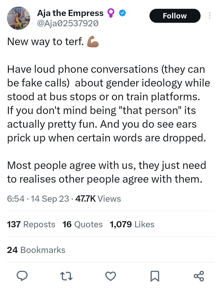 #GenderCritical protip: Now that you have lost all your friends why not have loud fake phonecalls about how much you hate trans people at the bus stop. When people look at you it's because they agree with you 💚🤍💜