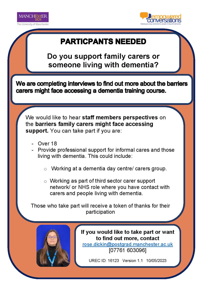 Calling #professionals supporting family #caregivers of people with #dementia in #GreaterManchester. We need your help! Do you a little time to chat with Rose? Please share out. Huge thanks! @dementiaunited @gmcvo @2getherDementia @OldhamDementia @WiganLeighCarer @boltoncarers