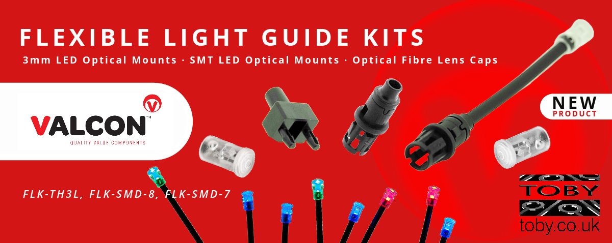 TobyElectronics's tweet photo. New to Toby, Valcon Flexible light pipe kits. Move light from a 3mm or SMD LED PCB light source over long  distances, around PCB &amp; enclosure obstacles. A versatile way to take LED indication to panel. 
CLICK for more >>: https://t.co/5U1vF35O9H
#thevitalcomponent #LEDlightpipe https://t.co/PAcsAg5oeg