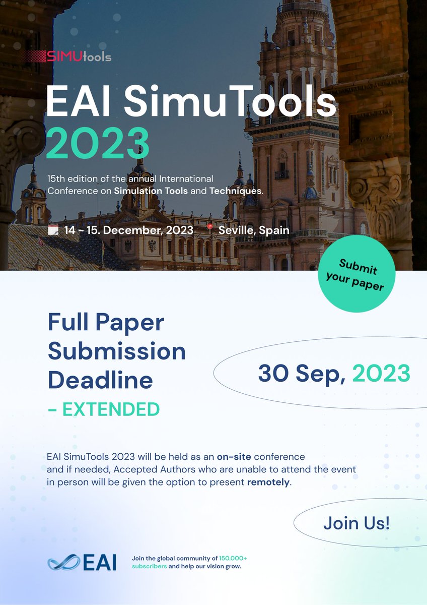 Simutools2023's tweet image. Extended deadline for the Call for Papers of the SIMUtools 2023 conference. Please, submit your paper before September 30.
