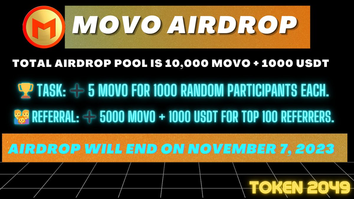 📣 Movo Airdrop is live!

🏆 Reward for Tasks:   5 MOVO for 1000 random participants each.

👨‍👩‍👧 Referral Reward:     5000 MOVO + 1000 USDT for top 100 referrers.

👉 t.me/MovoAirdropBot 👈

#cryptocurrency #Airdrop #Bitcoin #MOVO #USDT #Airdropstario