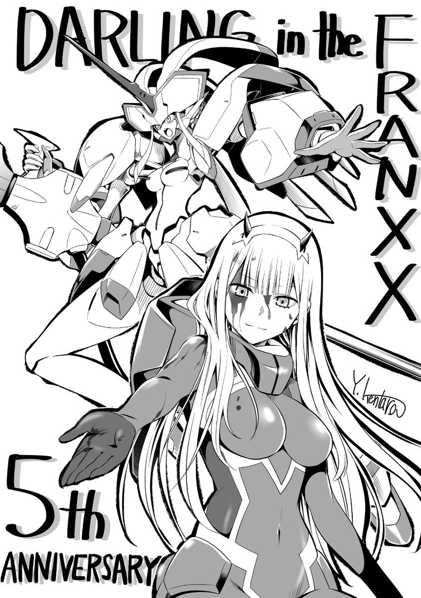 yabuki_info's tweet photo. 漫画版ダリフラで作画参考にも活躍してた「ROBOT魂ストレリチア」がゼロツーと5周年記念セットで登場だそうで、久々に描いてみました。
もう5年も経つんですね〜。 https://t.co/ttR8QLIASx