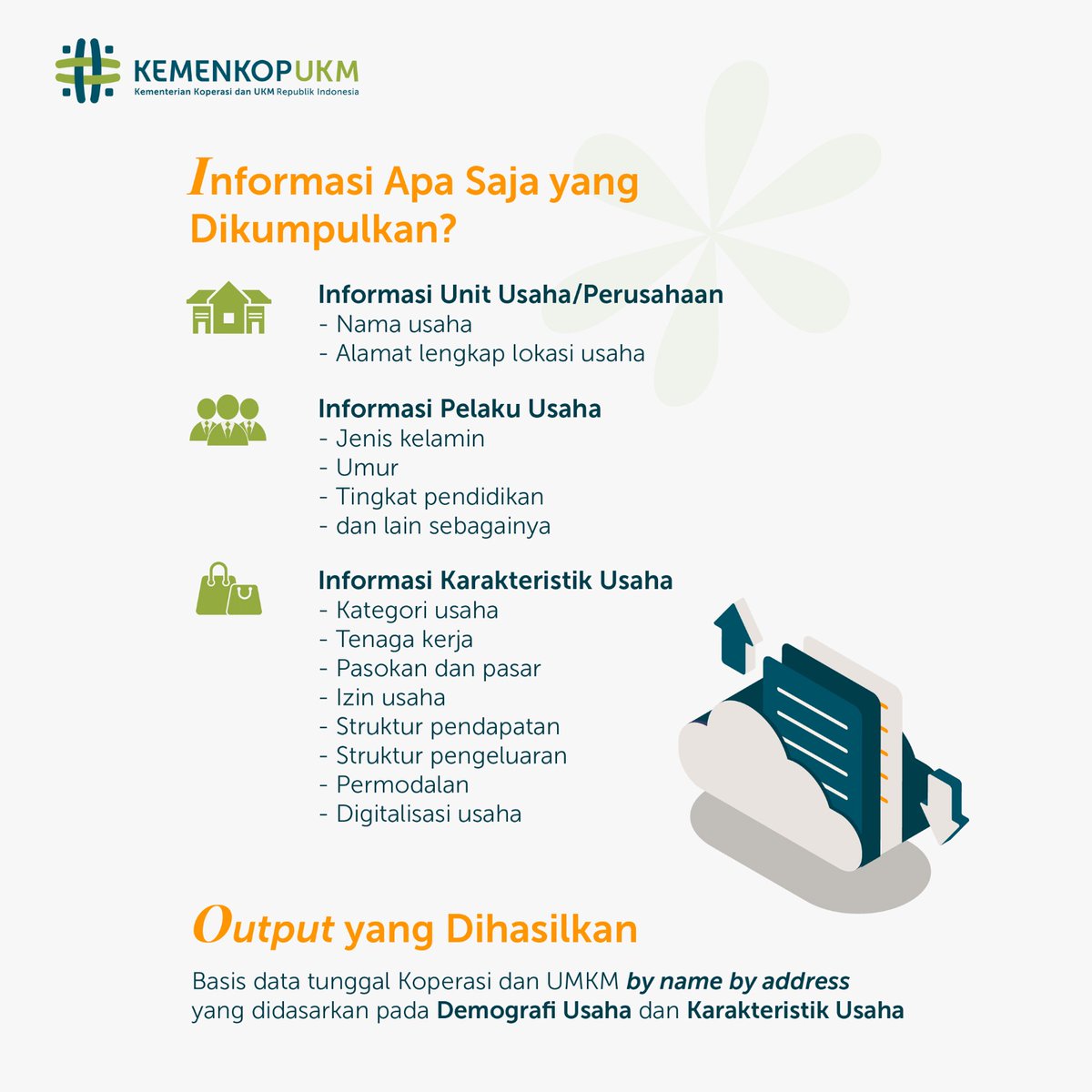 Ayo bersama kita wujudkan Basis Data Tunggal KUMKM Indonesia!

Basis Data Tunggal merupakan bagian penting proses pemberdayaan UMKM untuk mengetahui lebih mendalam profil para pelaku usaha dan mencakup informasi mengenai karakteristik usaha yang dijalankan KUMKM.