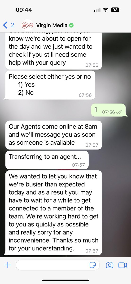 <a href="/virginmedia/">Virgin Media ❤️</a> absolutely disgusting customer service day 4 of trying to contact this shower of crap!  Finally in a WhatsApp at 6 last night to be ignored from 8:30. Been waiting again since before 8 to be connected. And a message before 8 to say you’re busy.