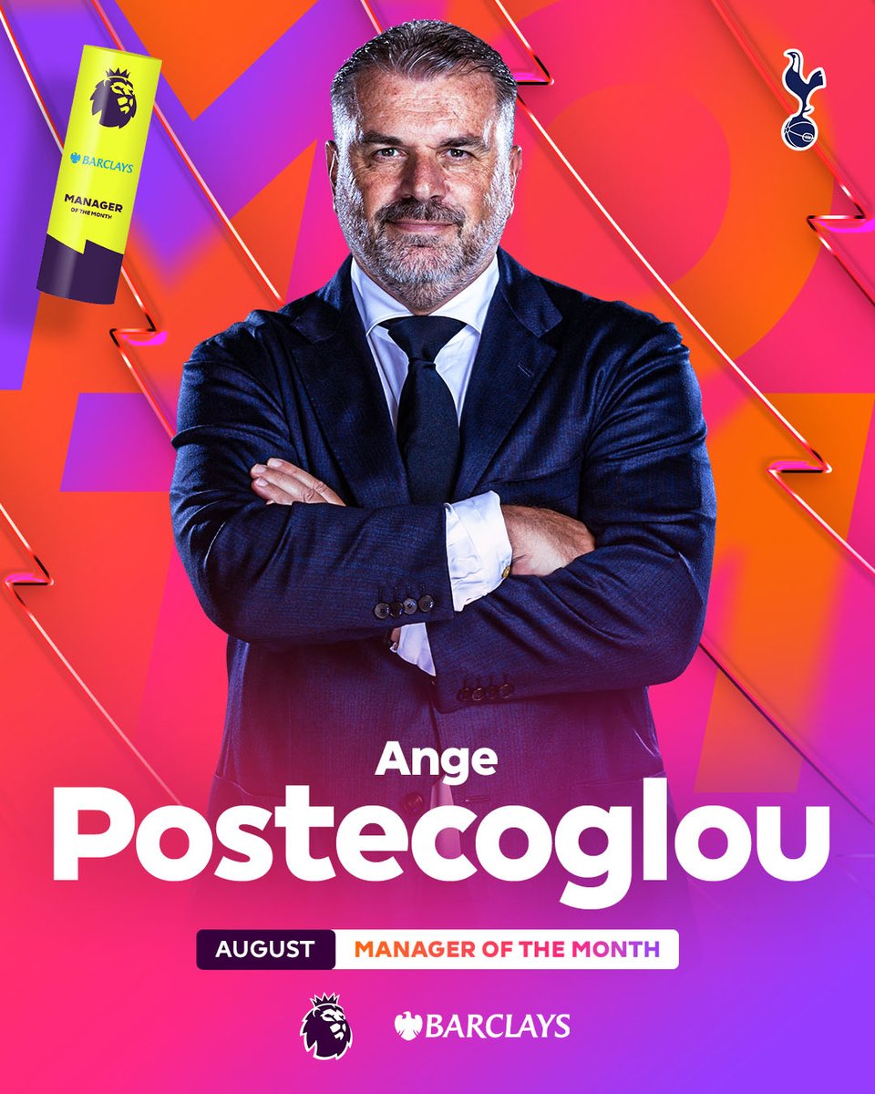A #PLAwards double for @SpursOfficial! 👏 Ange Postecoglou wins @barclaysfooty Manager of the Month at the first attempt!