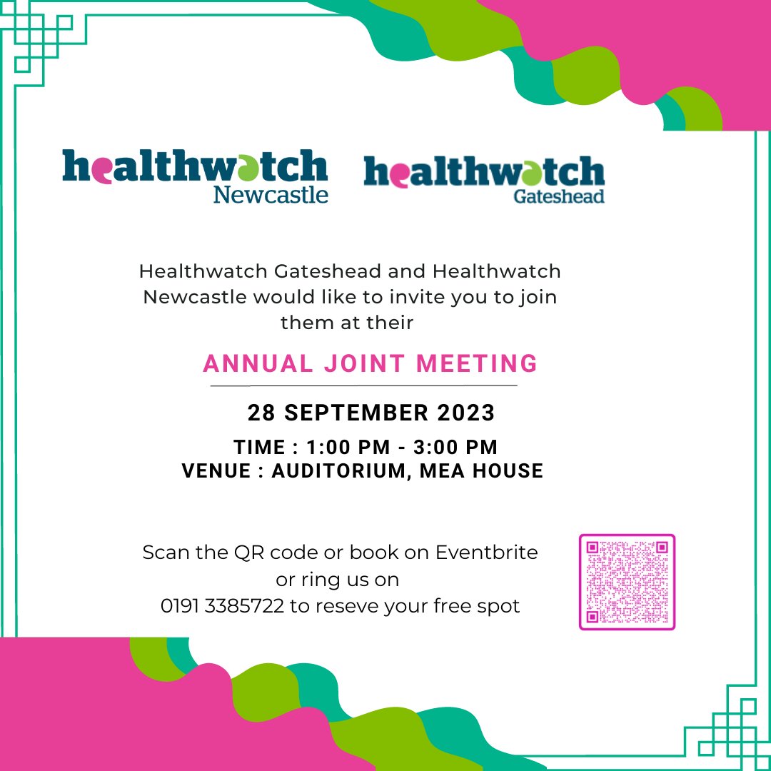 HWNewcastle's tweet photo. 🌟 You're Invited! 🌟
Healthwatch Gateshead and Healthwatch Newcastle are thrilled to extend a warm invitation to you for our upcoming Annual Joint Meeting.
Date: 28th September 2023
Time: 1:00 PM - 3:00 PM
Venue: Auditorium, Mea House
Book your spot:
https://t.co/Iuwh5Shn7O https://t.co/SKTP5Kw7le