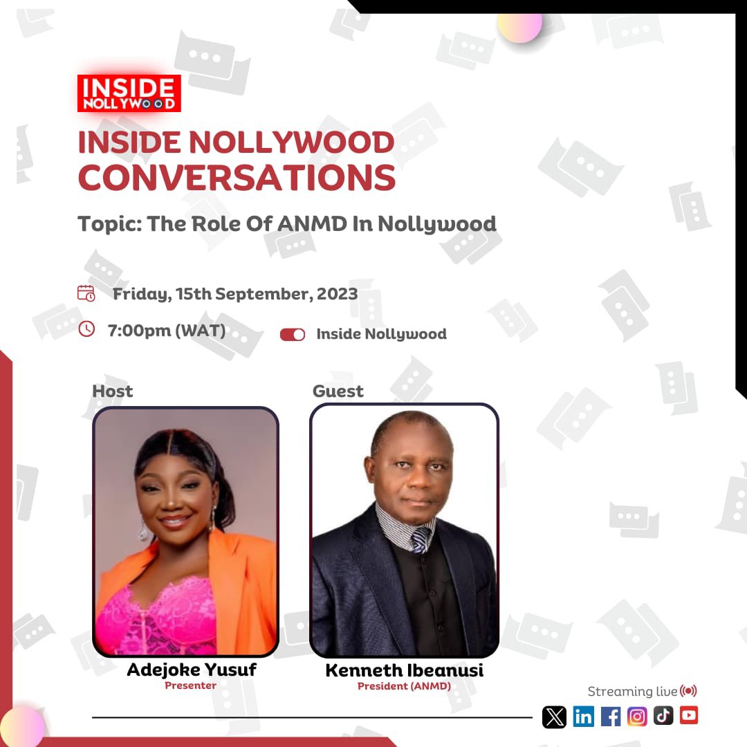 InsideNollyTV's tweet photo. What is the role of ANMD in Nollywood? Curious to know?
Join us live today by 7pm as we have in-depth discussions on the topic; “The Role Of ANMD In Nollywood” with President(ANMD) Kenneth Ibeanusi.
#iniffaa2024 #nollywoodconversations #anmd #nollywood https://t.co/M61ZgsjuZm