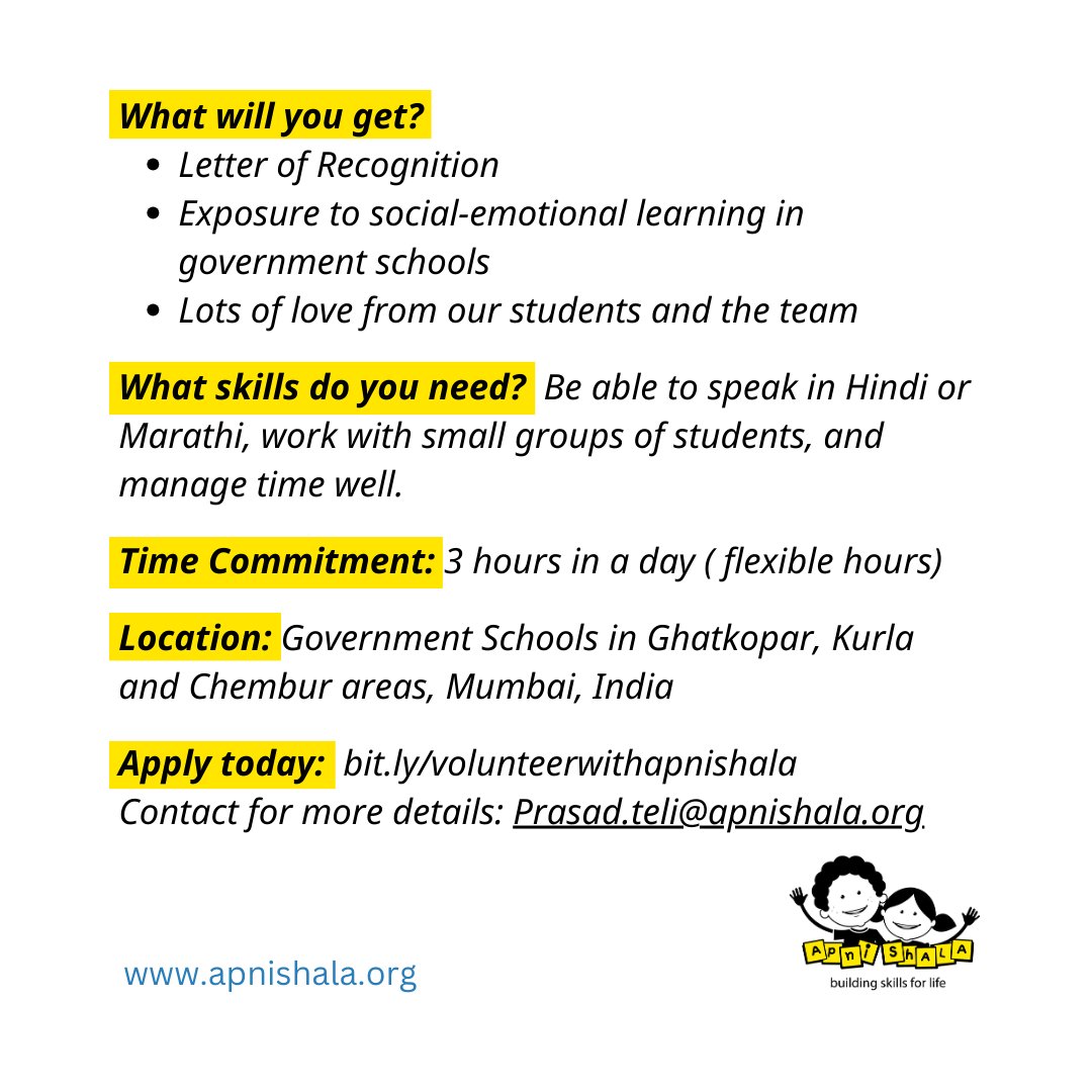 #ApniShala #SEL #ClassroomFacilitator #Support #Learning #Community #Together #volunteer #socialemotionallearning #socialsector #developmentsector #NGO #opportunity #mumbai