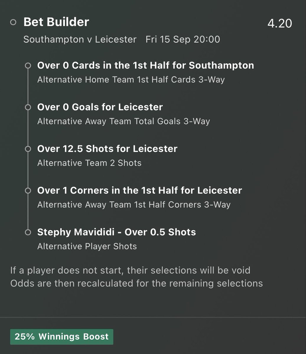 MacxBet's tweet photo. ⚽️Southampton vs Leicester
🏆Championship
⏱️KO 20:00
⭐️Bet365 Bet Builder (25% boost)
📊4.20
💰£10 returns £50 https://t.co/Qyfntfdzsw