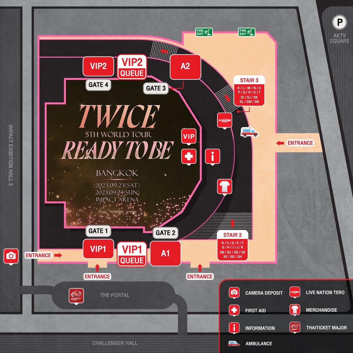livenationth's tweet photo. (1/6) ประกาศผังหน้างาน เวลารันคิวสำหรับลูกค้าวีไอพี ตารางการแสดง จุดจอดรถ และประกาศอื่น ๆ ของงาน “TWICE 5TH WORLD TOUR ‘READY TO BE’ IN BANGKOK” วันที่ 23-24 ก.ย.นี้ อิมแพ็ค อารีน่า เมืองทองธานี 💟 บัตรโซน Restricted View ยังมีจำหน่าย ซื้อด่วนคลิกเลย 🔗 https://t.co/kzQyClDgqB ⚠ https://t.co/HeZRX7Izwh