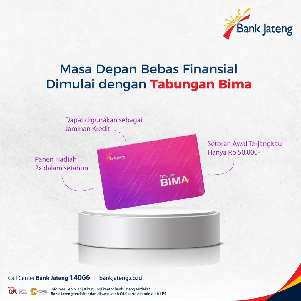 bank_jateng's tweet photo. Gimana udah siap menemukan jalan kebebasan finansialmu?
Yuk mulai dulu dengan rajin menabung di Tabungan Bima.
Mulai dari kini, untuk masa depan yang #SemakinBaik
#BankJateng #TabunganBima #BimaMobile https://t.co/BkB2PKIY8H