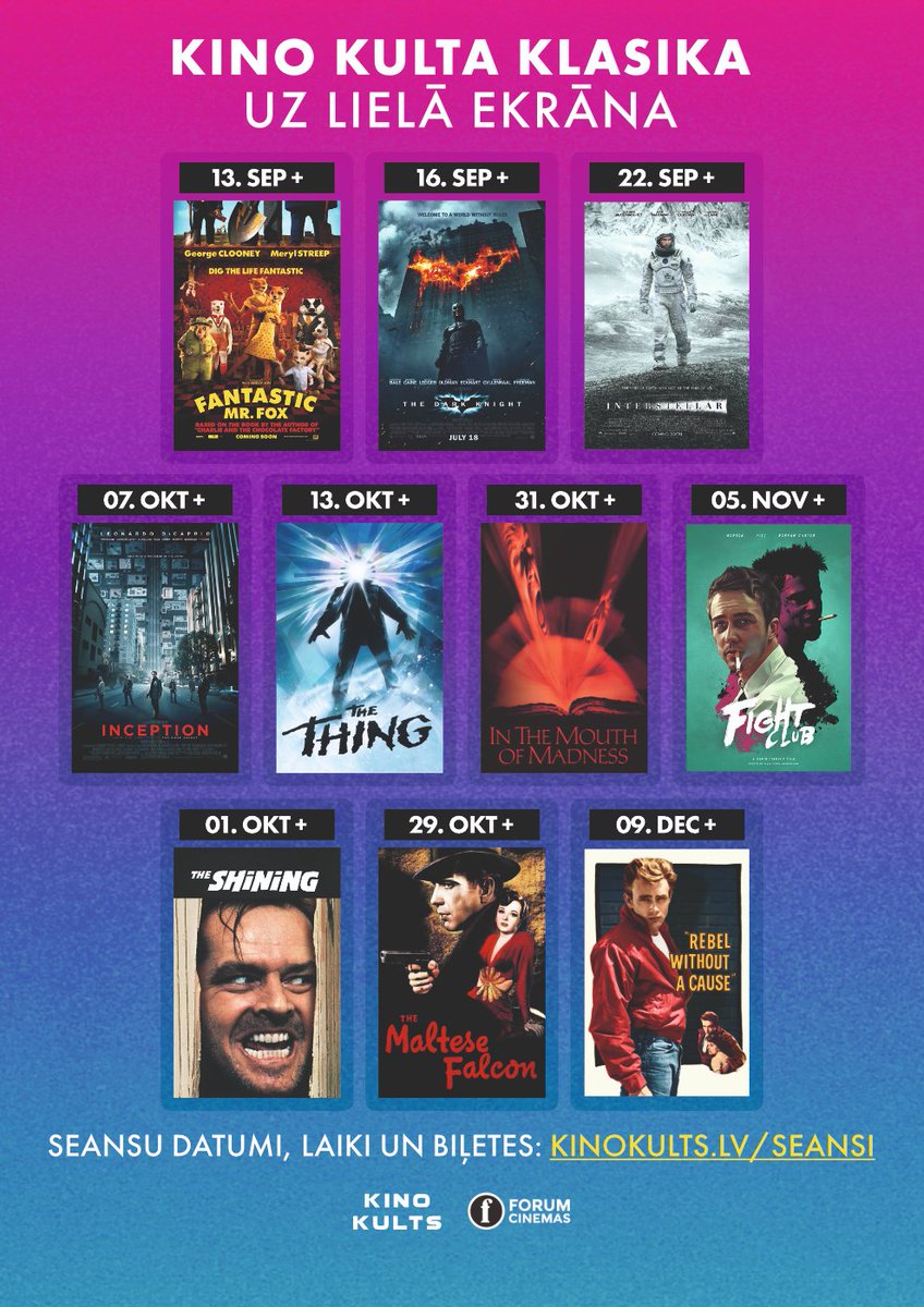 Kuras KLASISKĀS FILMAS (atzītas, aizmirstas, novērtētas, nopeltas, sev tuvas, jebkādas) jūs vēlētos noskatīties uz LIELĀ ekrāna? Pastāstiet mums un kas zin...

Bett šoruden kopā ar <a href="/forumcinemaslv/">Forum Cinemas</a> piedāvāsim jums šo izlasi, un tas pat nav viss ;)

BIĻETES: kinokults.lv/seansi
