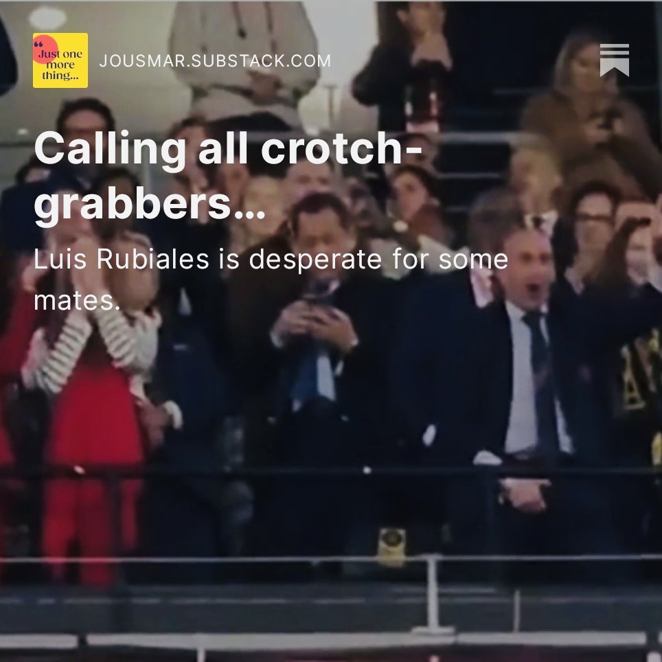 jousmar's tweet photo. Imagine discovering that what you believed was acceptable &amp; hilarious behaviour is actually offensive, gross &amp; oftentimes illegal. For men like Rubiales, that means reassessing your entire life OR doubling down. My new article (read/listen) is out now!

https://t.co/V4TFYWG9k9 https://t.co/l5LlitW6XE