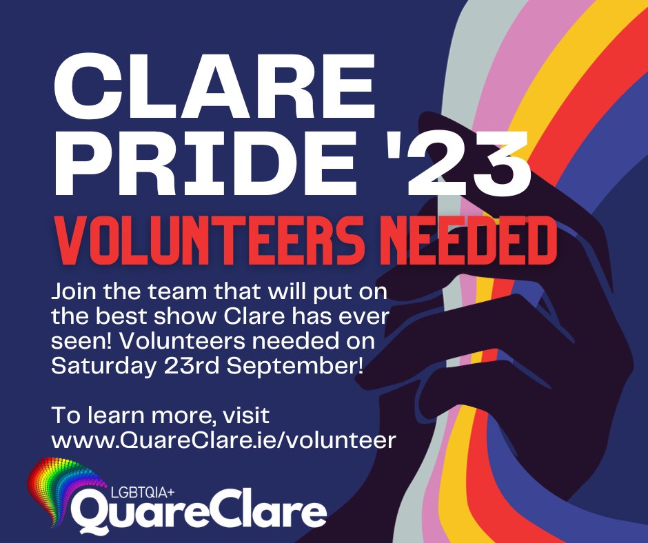 QuareClareLGBTQ's tweet photo. Clare Pride '23 wouldn't happen without our dedicated team of volunteers! If you are interested in volunteering during Clare Pride week, visit us at https://t.co/gCLo9Hi5kk
See you at pride! #QuareClare #ClarePride #LGBTQIA https://t.co/hfoRwXXCTq