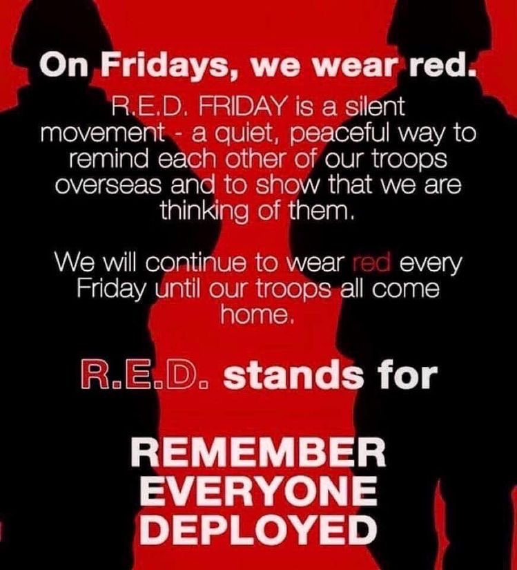 @jmbenson1491 Yes. Remember Everyone Deployed.
#REDfriday 
#WearRedFriday 
#USA 🇺🇲