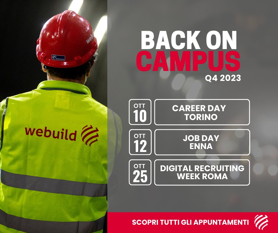 Webuild_Group's tweet photo. ๐#BackOnCampus! Riprendono gli appuntamenti #Webuild presso i principali atenei!
Se sei appassionato di #infrastrutture e sogni una carriera in questo campo non perdere lโoccasione di venire a conoscerci dal vivo!
Scopri il programma completo qui
๐https://t.co/fkGxbFJBwk https://t.co/kL3U1t4jKO