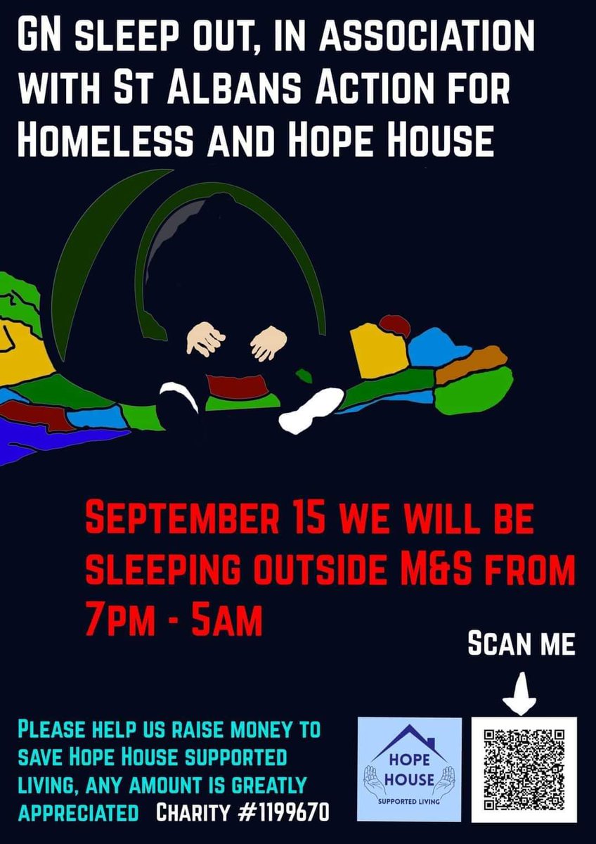 Tonight!!! 
We will be sleeping outside <a href="/marksandspencer/">M&S</a> #Stalbans 
Thankfully <a href="/GNPUB/">Great Northern Pub & Kitchen</a> are cooking for us and our vulnerable community.
Please swing by and say hello
Donate to this link 🔗👇

donate.giveasyoulive.com/campaign/st-al…

<a href="/eyesonstalbans/">EYES on St Albans</a>
<a href="/StTastes/">StAlbansTastes</a>
<a href="/StAlbans_Action/">St Albans Action for Homeless</a>