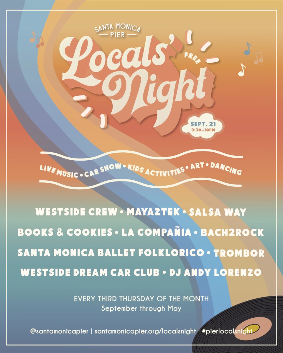 SantaMonicaPier's tweet photo. Get ready to groove, because we've just dropped the lineup for our first Locals' Night back this season on 9/21! 

#pierlocalsnight #santamonicapier #smpier #santamonica #thirdthursdays #livemusic #kidsactivies #Free #locals #seesantamonica #mysecretla https://t.co/25X3n5JOlP