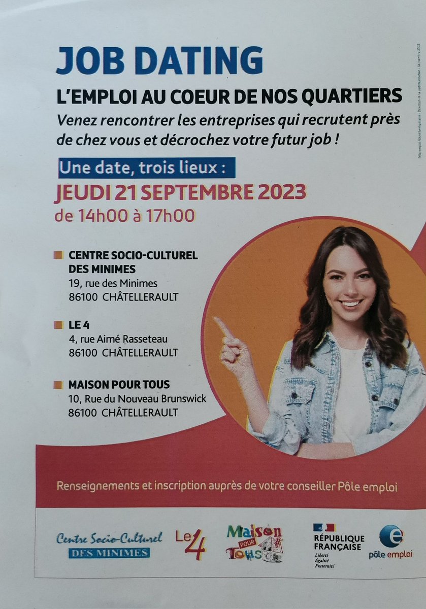 ➡️ Préparez vos CV 😉
➡️ Rdv Jeudi pro au Job dating
➡️ 1 date, 3 lieux <a href="/chatellerault/">Châtellerault</a>
⏰ De 14h a 17h #onestlapourvous
@poleemploi_NA