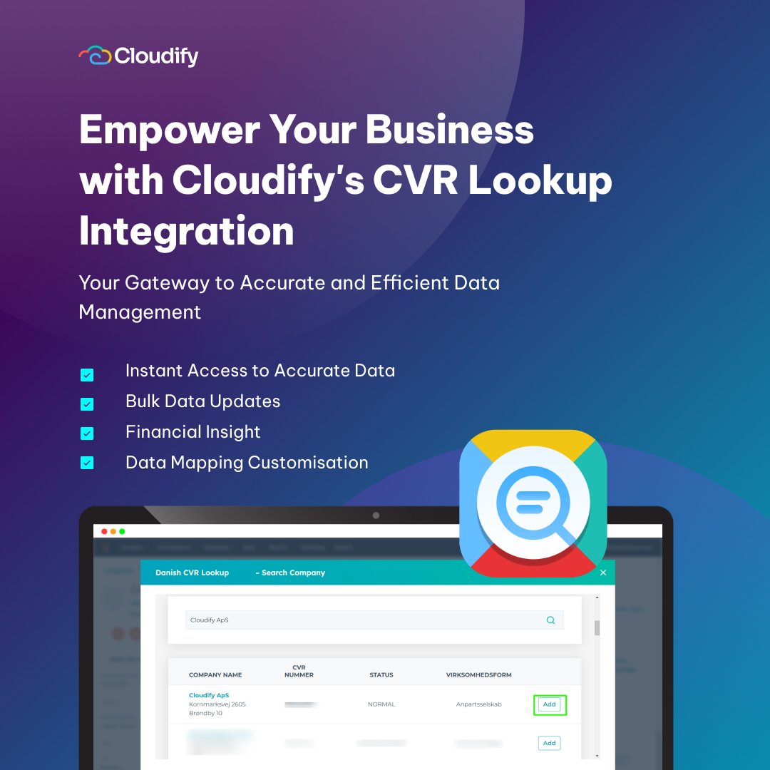 Discover how Cloudify's CVR Lookup app, available on HubSpot Marketplace or Pipedrive Marketplace, is revolutionising data management.

Read more: hubs.li/Q021XBSC0

#CRMIntegration #CloudifyApS #HubSpotMarketplace #PipedriveMarketplace #MarketingStrategy