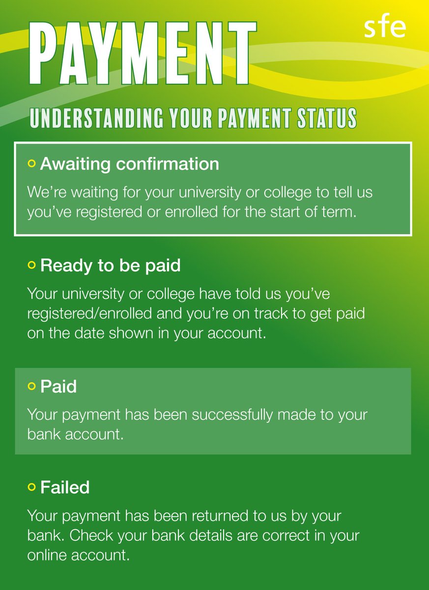 Expecting a payment on Monday? You won’t get paid until your uni or college tell us that you’ve registered/enrolled on your course. If your payment status is ‘awaiting confirmation’ you should ask them to let us know you’ve registered. gov.uk/guidance/getti…