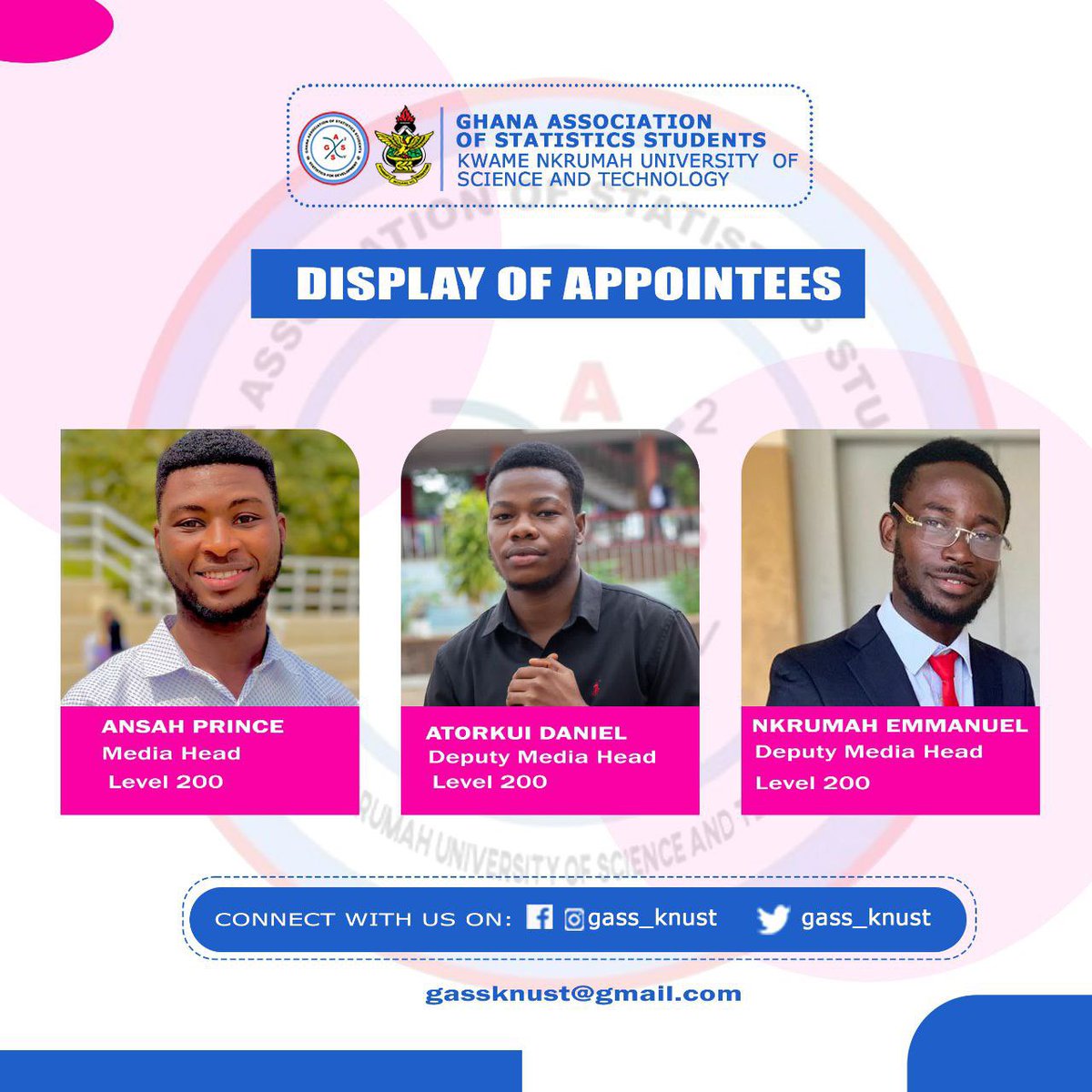 gass_knust's tweet image. 1️⃣1️⃣DISPLAY OF APPOINTEES🔵

Here are our Executives

MEDIA HEAD 

Master Ansah Prince   - Head 

Master Atorkui Daniel -Deputy 

Master Nkrumah Emmanuel-Deputy

Congratulations 🎉

#StatisticsforDevelopment