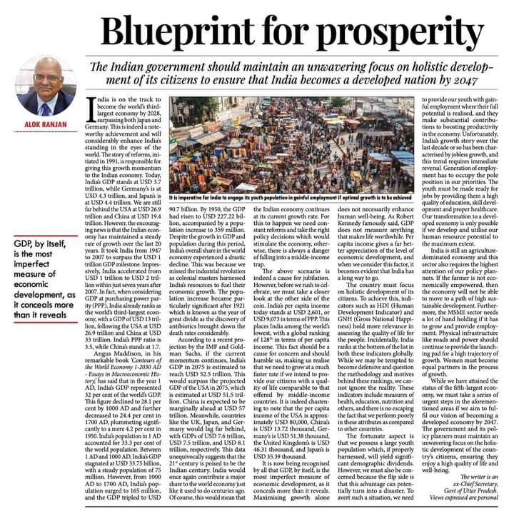 I am glad to share my latest article in #MilleniumPost highlighting a pressing need for a 'Blueprint for prosperity' which emphasizes a vision towards holistic development of India. 
I invite your thoughts on the matter. 
#India #developmentopportunity #holistic #GDP #superpowers