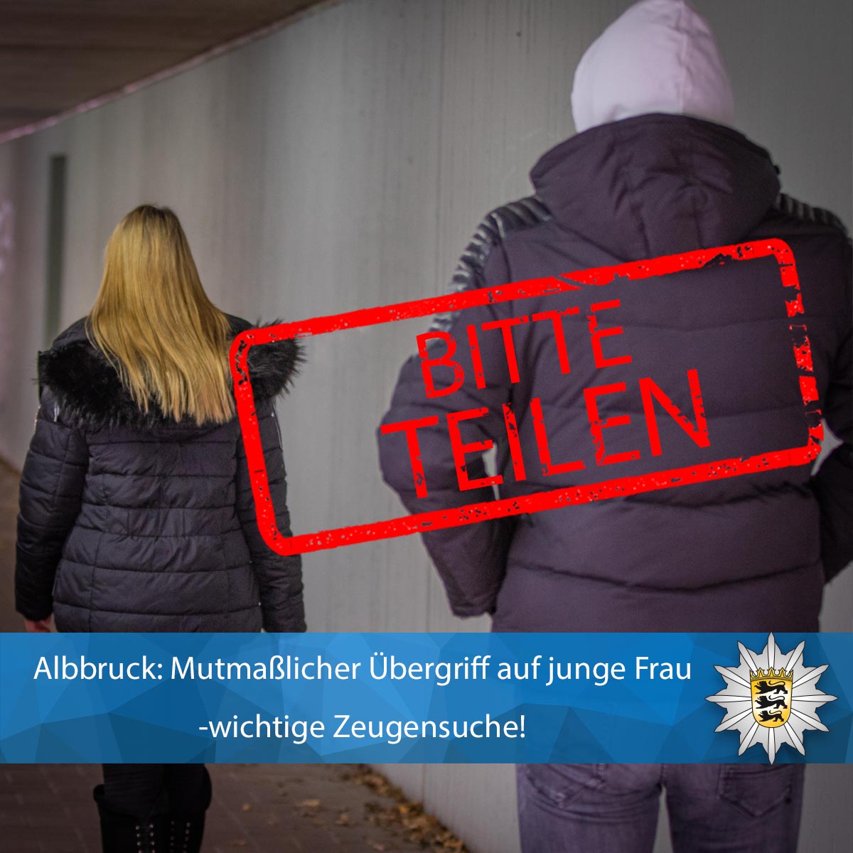 PolizeiFR's tweet photo. 🚨#Albbruck: Mutmaßlicher Übergriff auf junge #Frau - Wichtige Zeugensuche!

+++Bitte Reposten+++

https://t.co/SsztjYt539

Hinweise zu dem Vorgang nimmt die #Kriminalpolizei #Waldshut unter der Rufnummer ☎️07741 8316-0 entgegen.

#Polizei https://t.co/L3m4lJ7aTb