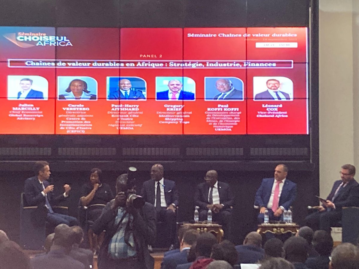 Notre chef économiste <a href="/JulienMarcilly/">Julien Marcilly</a> a participé au #SéminaireChoiseulAfrica sur les chaînes de valeur durables en Afrique. La mesure de la durabilité pour les entreprises et un cadre de #taxonomieverte adapté à l'Afrique s'imposent. Pour en savoir plus➡️ choiseul-africa.com/durabilite-des…