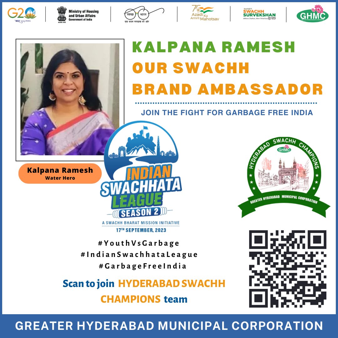 It's our pleasure to announce as our #brandambassador Mrs.Kalpana Ramesh for #IndianSwachhataLeague2 @MOHUA_India @SwachhBharatGo @Secretary_MoHUA @RoopaMishra77 @KTRBRS @CommissionrGHMC @GHMCOnline @DRonaldRose @swachhhyd @kalpana_designs @ZC_SLP #YouthVsGarbage #GarbageFreeHyd
