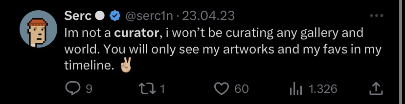 a fail story:

5 months ago i tweeted this and curated:

● 1 World on <a href="/foundation/">Foundation 🌐</a> 
(13.73 ETH volume with 95 artists)

● 1 Space on <a href="/SuperRare/">SuperRare</a> 
(15% sold out of 50 pieces so far)

● Curating an IRL gallery in Italy soon
● Curating an NFT event's gallery in 2024

Lessons