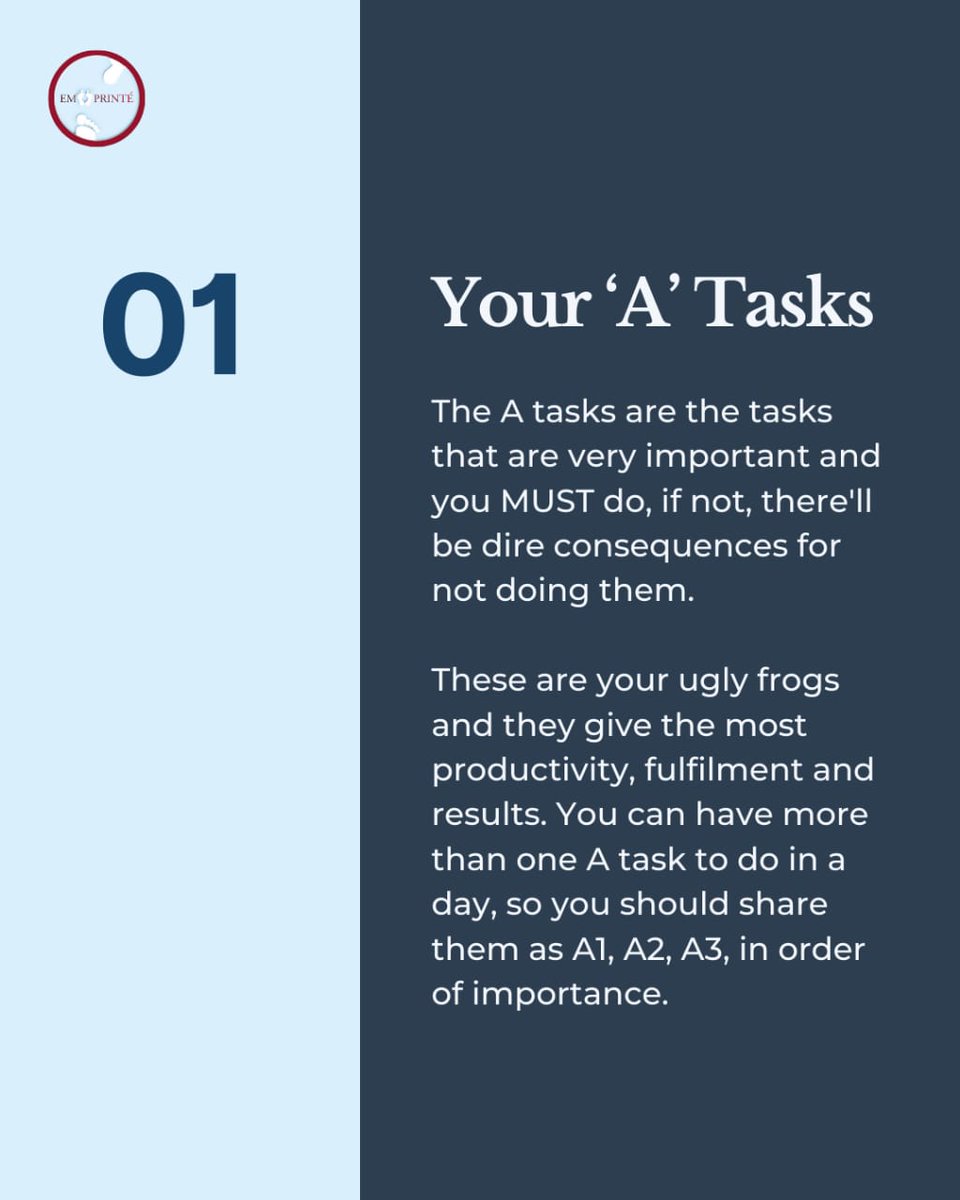 emprintereaders's tweet photo. Today, we decided to share a productivity tip we learned from Eat That Frog!
It's the ABCDE rule to enhance your productivity and efficiency.
Swipe to learn more. π
#readnreview #bookcommunity #emprinte #readers #eatthatfrog #briantracy #books https://t.co/s6zaooiZWd