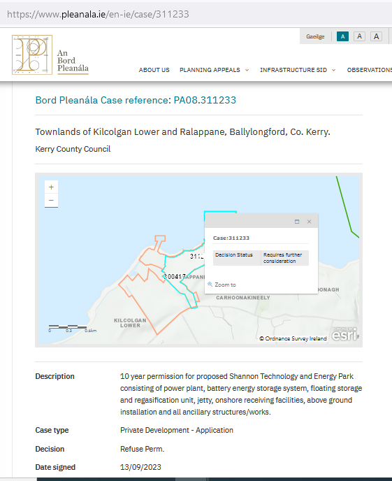 Breaking news - New Fortress Energy's Shannon LNG US fracked Gas import terminal refused planning permission in Ireland.