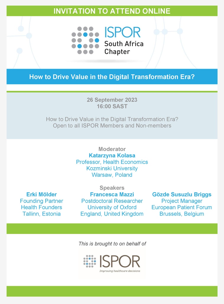 Invitation to register for the ISPOR Webinar on 26 September 2023
Theme: How to Drive Value in the Digital Transformation Era?

Follow the link to register: ispor.org/conferences-ed…

#ispor