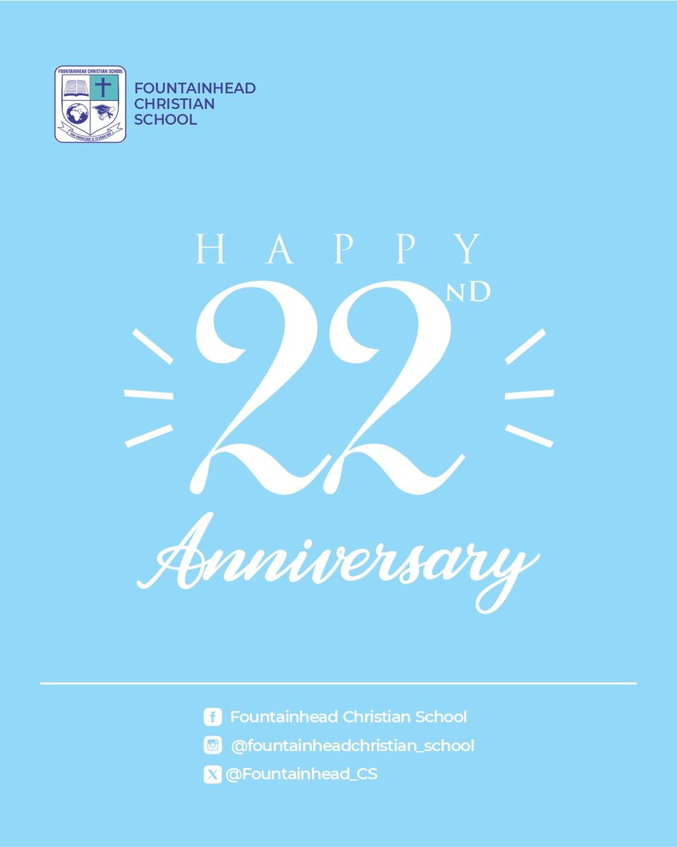 Fountainhead_CS's tweet photo. Fountainhead Christian School is happy to celebrate 22 years of academic service to the community.
As we celebrate our 22nd Anniversary, we salute our Teaching &amp; Non Teaching Staff, Parents, Students &amp; Alumni for contributing to the success of our story. https://t.co/F0BKsbTKES