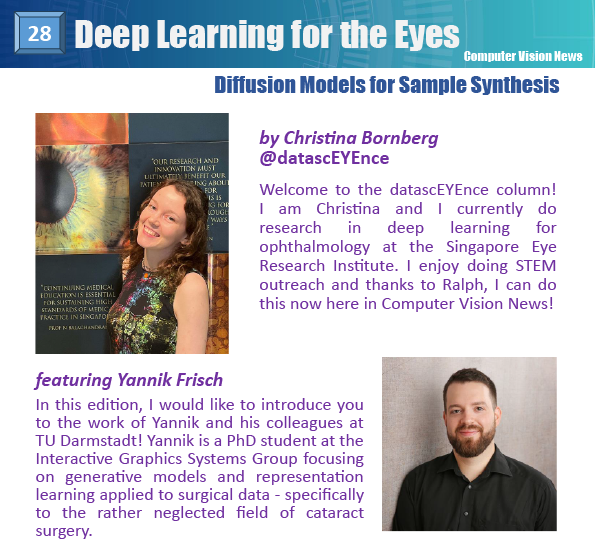datasceyence's tweet photo. Hello everyone! This month, I am introducing you to @YannikFrisch and his work on diffusion models applied to cataract surgery videos! Read the whole story here: https://t.co/cbHZQ1fEWs https://t.co/HvOfzWFW5k