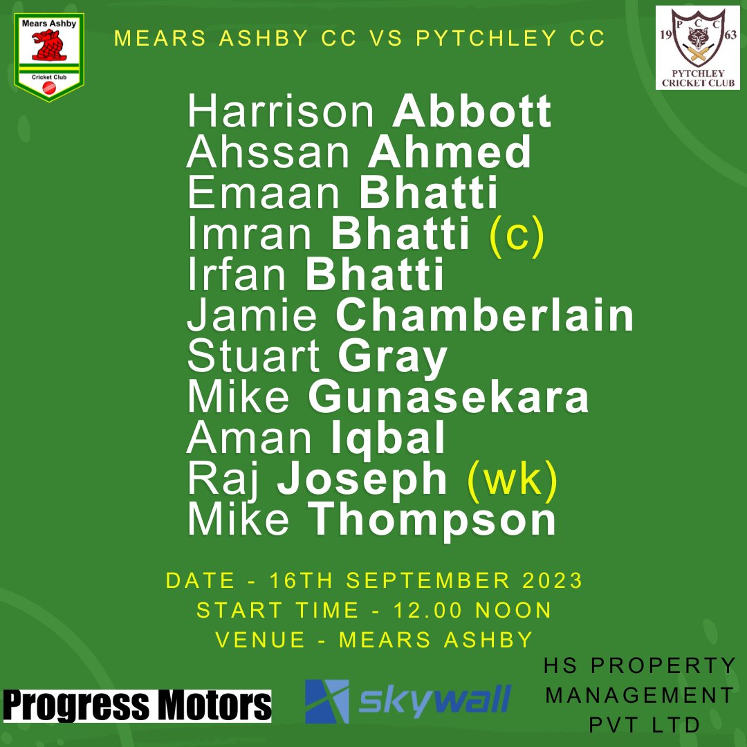 Tomorrow's teams.  Our 1st XI travel to <a href="/wtccofficial/">Wellingborough Town CC</a> 2nd XI and our 1st XI host Pytchley CC 1st XI.

#MACC