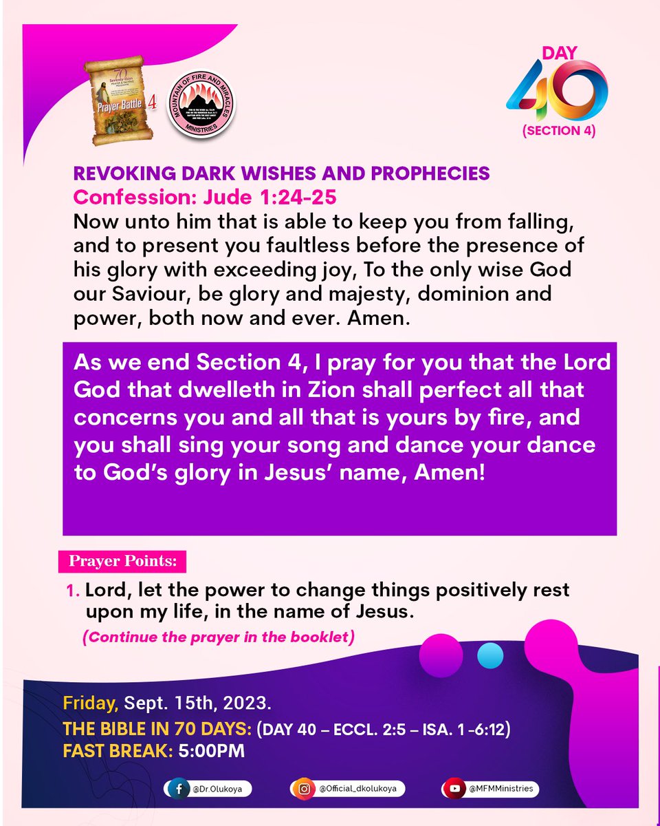 MFMWorldwide's tweet photo. DAY 40: Friday, September 15th, 2023.
 
As we end Section 4

I pray for you that the Lord God that dwelleth in Zion shall perfect all that concerns you and all that is yours by fire, and you shall sing your song and dance your dance to God’s glory in Jesus’ name, Amen! https://t.co/7BCNqGUx8i