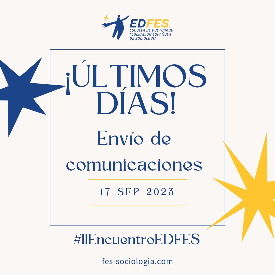 📣 ¡ATENCIÓN! 

Si aún no has enviado tu comunicación para el #IIEncuentroEDFES, ¡ahora es el momento! 

⏰ Quedan pocos días y la fecha límite es el 17 de septiembre de 2023. ¡Te esperamos! 

¡Participa! 📩

Toda la información la encuentras aquí: 

👉 ow.ly/j5kg50PLvgn