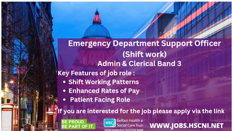 BHSCTjobs's tweet photo. 📣We are recruiting for Band 3 Emergency Department Support Officer
⏰Closing Date: Thursday 5th October 2023 @ 4.30 PM
For Full Job description and to apply visit:
📌https://t.co/UNxPVRFvTq https://t.co/uZKBydnIpo