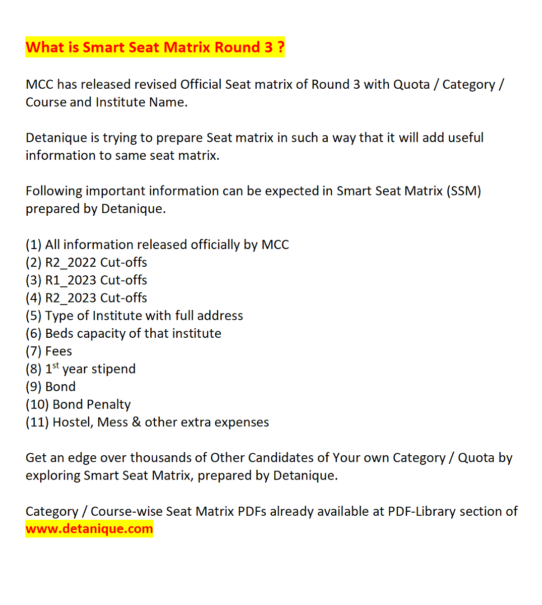 detanique.com/round_3_smart_… Smart Seat Matrix (SSM) PDFs of All India (MCC) NEET PG 2023 Round 3 available CATEGORY / COURSE-WISE #NEETPGCounselling #medstudents #neetpg2023 #neetpg #DNB2023 #internship2023 #MMC #allotment #NBEMS #neetpg2024 #MedTwitter #MedEd