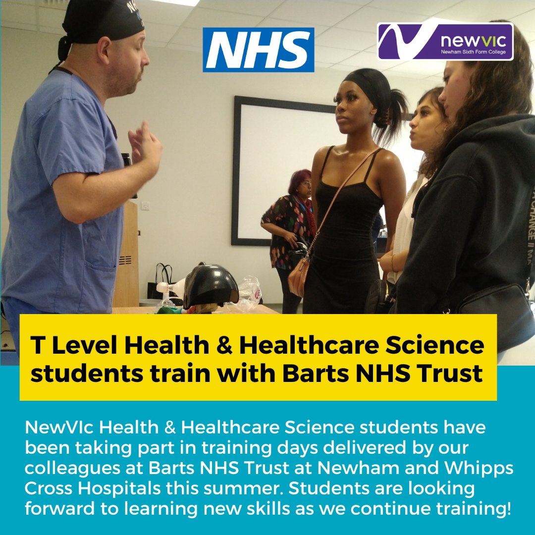 NewVIc <a href="/TLevels_govuk/">T Levels</a> Health &amp; Healthcare Science students have been taking part in training days delivered by our colleagues at <a href="/NHSBartsHealth/">Barts Health</a> Trust at @NewhamHospital &amp; @WhippsCrossHosp this summer.

Students are looking forward to learning new skills as we continue training!