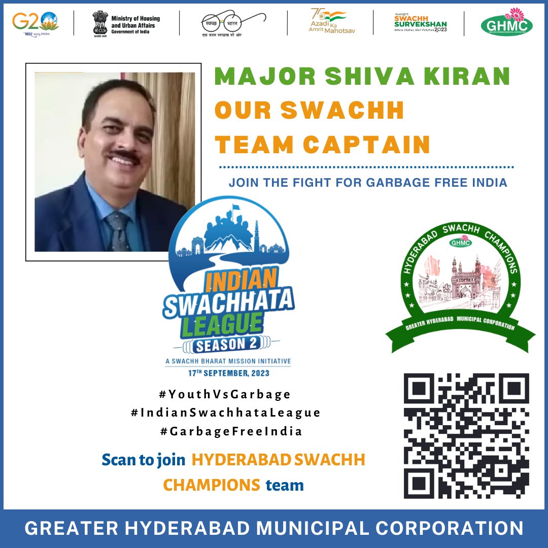 It's our honor to announce Mr.Major Shiva Kiran as our #teamcaptain for #ISL 2.0
@MOHUA_India <a href="/SwachhBharatGov/">Swachh Bharat Urban</a> <a href="/Secretary_MoHUA/">Srinivas Katikithala</a> <a href="/RoopaMishra77/">Roopa Mishra</a> <a href="/KTRBRS/">KTR</a>
<a href="/CommissionrGHMC/">Commissioner GHMC</a> <a href="/GHMCOnline/">GHMC</a> <a href="/DRonaldRose/">Ronald Rose</a> <a href="/swachhhyd/">Shaandaar Hyderabad</a> <a href="/ZC_SLP/">ZC SERILINGAMPALLY ZONE GHMC</a> <a href="/Majorkiran/">Shiva Kiran</a>
#HyderbadSwachhChampions #YouthVsGarbage #GarbageFreeHyd